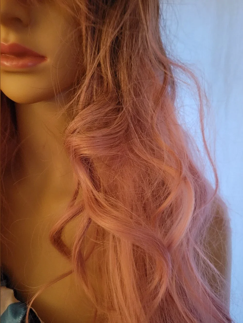 Balayage Synthetic Long Wavy Pink Ombre Women's Wig with Bangs